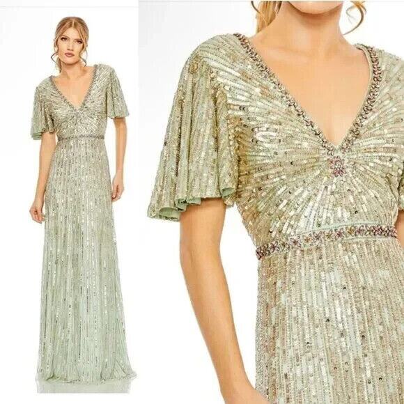 MAC DUGGAL 5538 PLATINUM COLUMN GOWN V-NECK BUTTERFLY SLEEVE NWT SZ 16‎ GREEN - Picture 1 of 8
